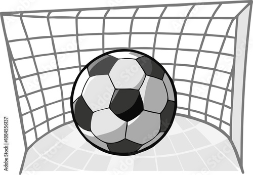 A black and white illustration depicts a soccer ball near a goalpost