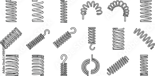 Hand drawn spring and coil doodle illustration set with metal wire shapes hooks and elastic elements for engineering sketches, infographics, and flat vector design