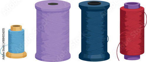 Vector illustration set featuring four diverse colorful sewing thread spools for tailoring fashion design and handmade craft projects