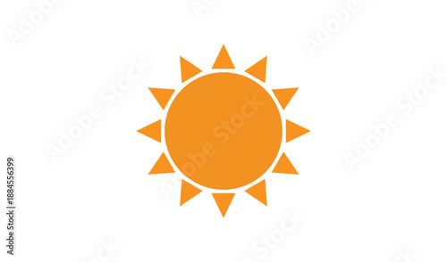 Bright orange sun icon with sharp rays, simple flat vector illustration for summer and heat