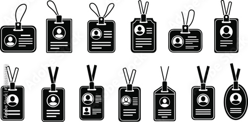 Set of ID card badge icons with lanyards, employee identification tags, professional name pass silhouettes, corporate security access, and office membership vector illustration.