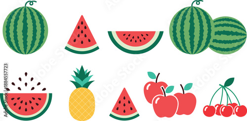 Vector illustration set featuring fresh watermelon slices pineapple red apples and cherries for healthy food and juice branding