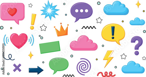 Colorful chat bubble and doodle icon set with hearts clouds lightning symbols and speech elements for messaging apps, stickers, social media, and flat vector design