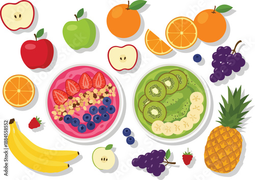 Healthy breakfast bowls with fresh fruit flat lay