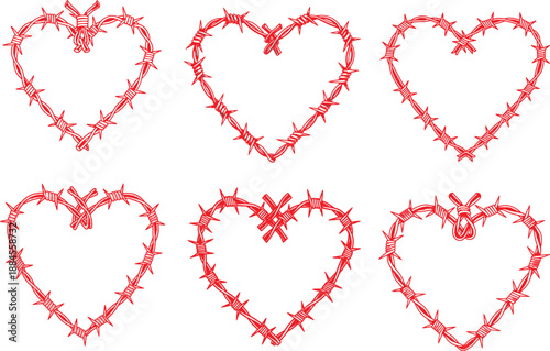 Set of six red barbed wire heart designs on white, symbolizing complex love and emotional struggles, perfect for edgy romantic themes