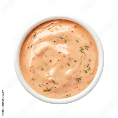 Thousand Island sauce served in a small white cup, flat lay view isolated