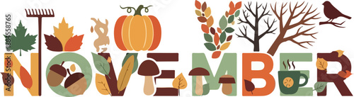 Colorful November-themed illustration featuring autumn elements, perfect for seasonal designs and celebrations