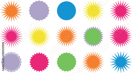 Colorful sunburst and scalloped badge shape collection with abstract starburst circles for labels, stickers, promotions, and flat vector design