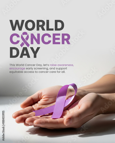 World Cancer Day Poster Design with Purple Awareness Ribbon