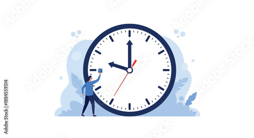 A person interacts with a large clock emphasizing time management concepts
