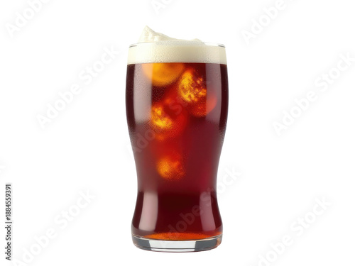 A clear shot of a drink in a glass with ice and garnish