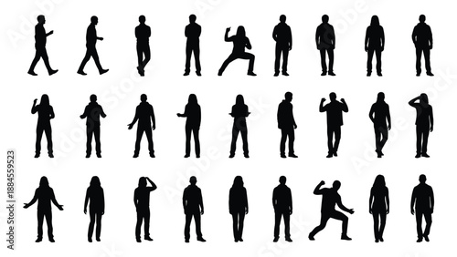 Collection of human silhouettes in various poses isolated on white background, Vector