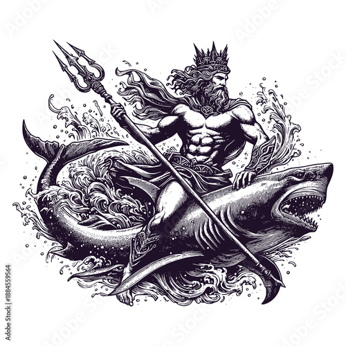 Poseidon Riding A Shark With Trident