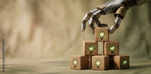 Robotic Hand Assembling Idea Cubes: A metallic, robotic hand carefully constructs a pyramid of wooden cubes, each emblazoned with a glowing lightbulb.