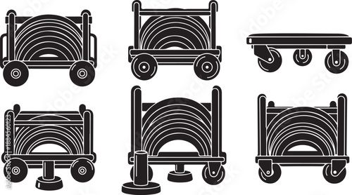 Black and white hose reel cart illustrations set