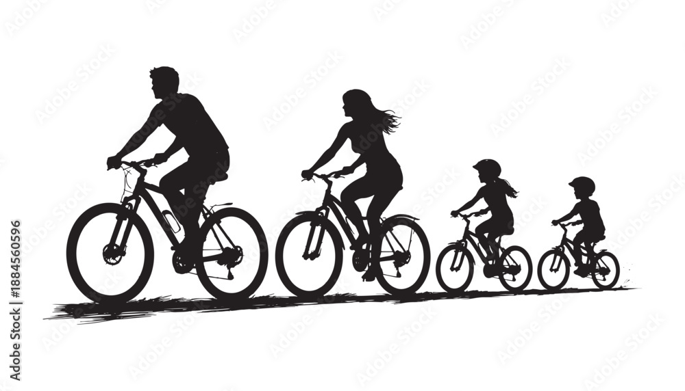 Fototapeta premium Family Riding Bicycles Silhouette, Black and White Illustration of Parents and Kids Cycling Together