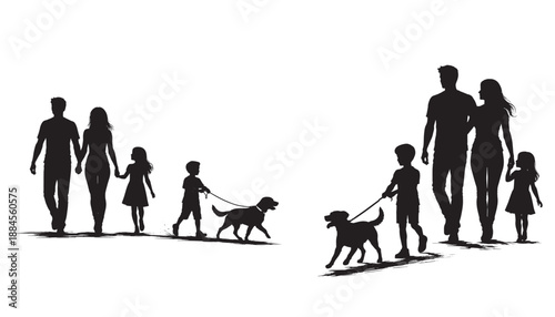 Family Silhouettes Walking with Dogs on Leash, Happy Pet Owners and Children