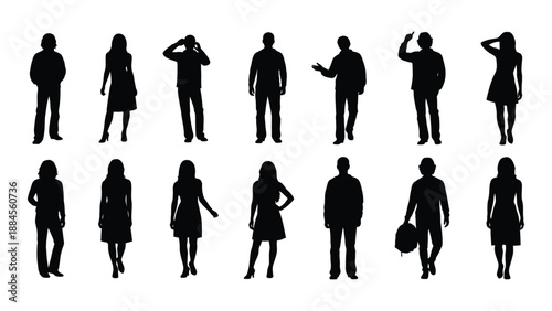 Silhouettes of people in various poses isolated on white background, Vector