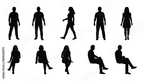 Silhouettes of people in various poses isolated on white background, Vector