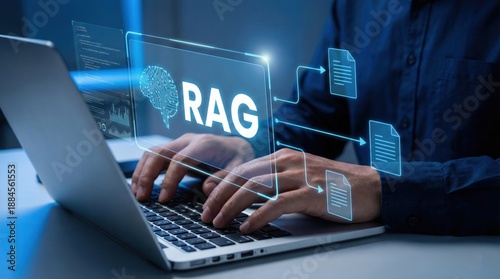 Decoding RAG: Close-up of a person engaged in an innovative exploration of Retrieval-Augmented Generation (RAG) on a modern laptop, showcasing cutting-edge technology.