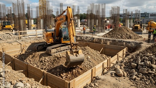 Construction site with excavator and building foundation, concrete pillars visible, daytime shot.