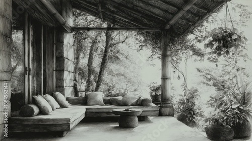 Cozy seating area by the riverside surrounded by greenery and bamboo at a tropical resort during the late afternoon