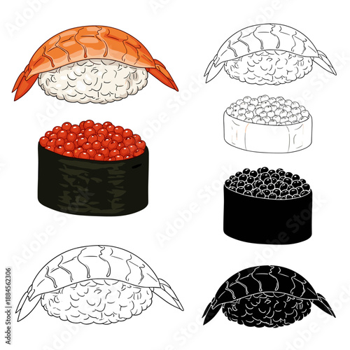 Collection of traditional japanese sushi icons featuring shrimp nigiri and salmon roe gunkan in color, outline, and silhouette styles.