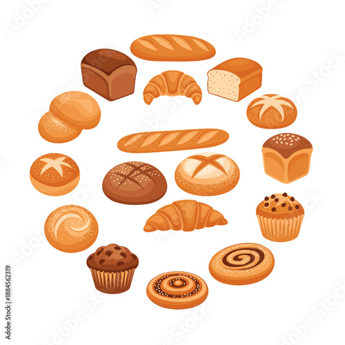 Diverse assortment of freshly baked bread products and pastries including croissants, muffins, and baguettes arranged in a circle.