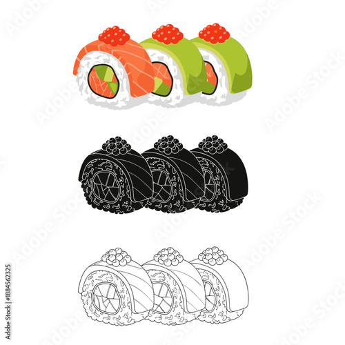Set of various sushi rolls featuring salmon and avocado fillings displayed in colorful, black silhouette, and line art styles.