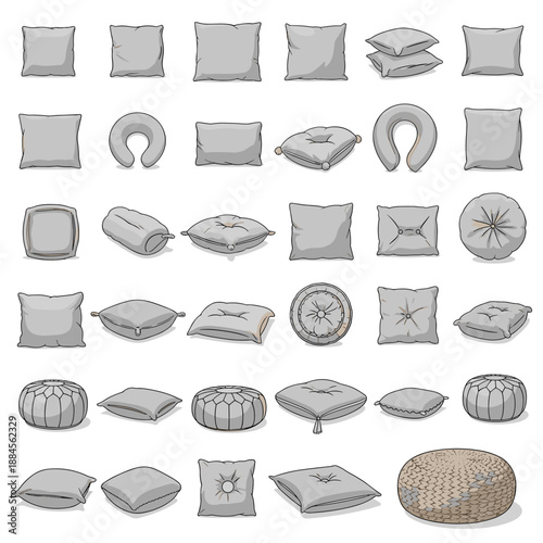Large variety of gray decorative pillows and floor cushions in various shapes and sizes shown from different perspective angles.