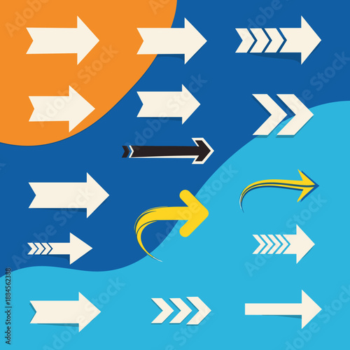 Diverse collection of arrow icons in various colors, shapes, and styles including straight, curved, and segmented designs.