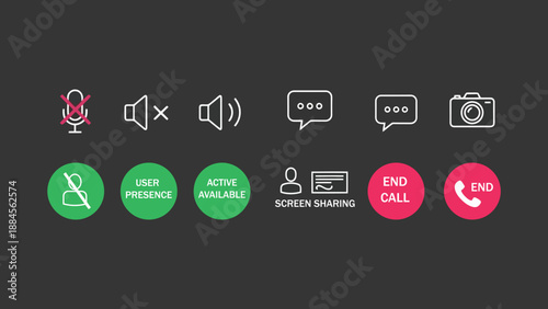 Collection of modern flat icons for video conferencing and online communication tools, including microphone, volume, chat, camera, and call controls.