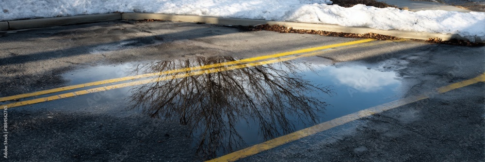 Naklejka premium Winter parking lot with snow puddle and tree reflection