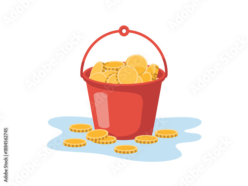 A vibrant red bucket filled with gold coins and some spilling out onto a light blue surface