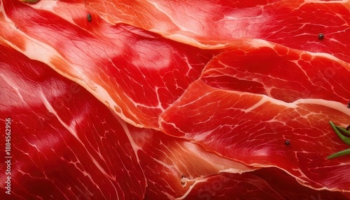 Close-up of thinly sliced Iberian ham, showcasing its rich color and marbling.