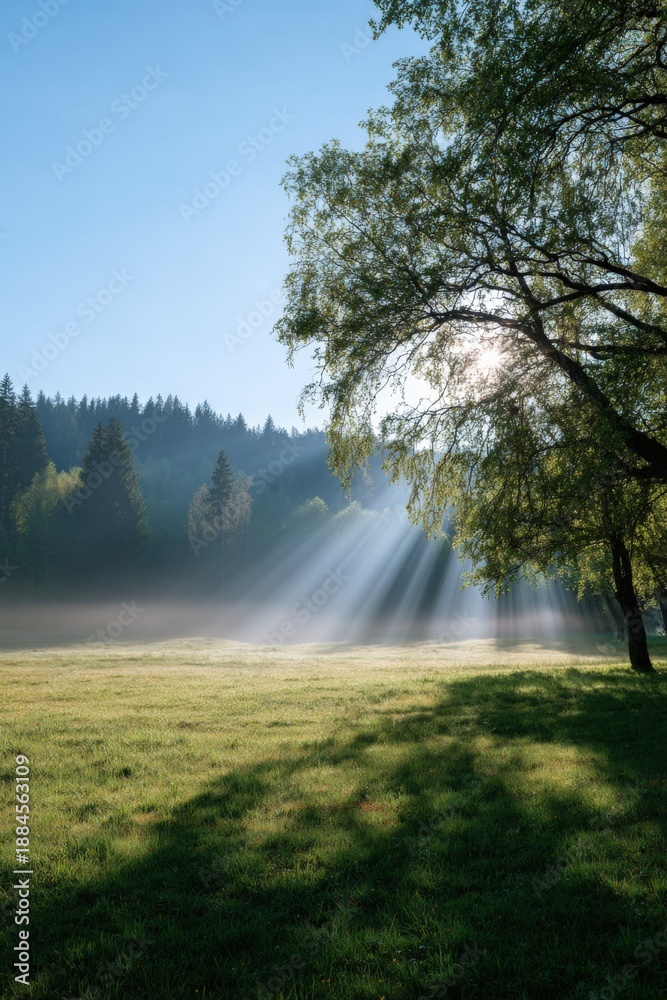 Fototapeta premium Sunlit forest meadow with early morning mist and pine trees