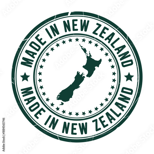 a circular stamp design featuring new zealand s map and the words made in new zealand
