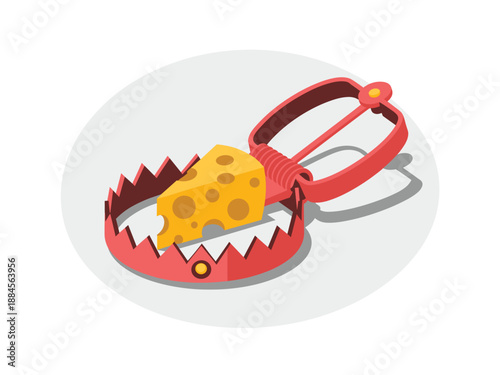 A red cartoon mousetrap with a piece of cheese as bait on a white background
