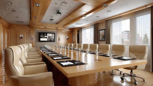 Wallpaper Mural Elegant Conference Room: A modern boardroom exudes an air of sophistication, featuring a long wooden table surrounded by comfortable leather chairs. Torontodigital.ca