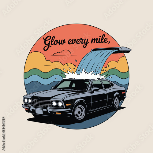 A classic dark car enjoying a refreshing wash with water cascading from above in a retro circular design