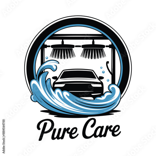 Dynamic logo for a pure care car wash business, showing a car being cleaned with water