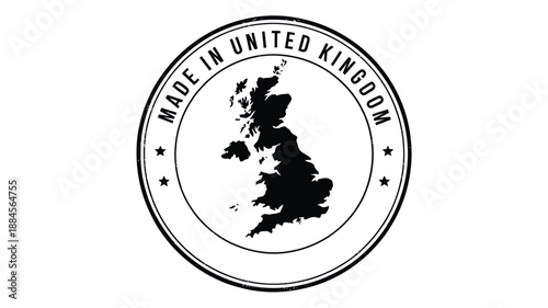 a circular stamp design featuring the silhouette of great britain and text