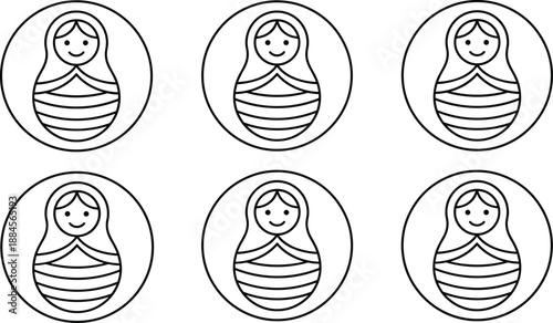 Set of six minimalist nesting doll icons in circles, traditional Russian matryoshka line art symbols for cultural and toy design.