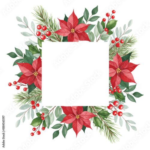 detailed square watercolor border of crimson poinsettia, holly, and eucalyptus, wet-on-wet technique, high-key white background, text space. traditional christmas elegance concept