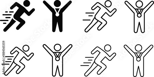 Sports Achievement Icon Set Featuring Running Athlete Figures Winners Wearing Medals Sprinting Success Performance Competition Professional Racing Symbols and Championship Graphics