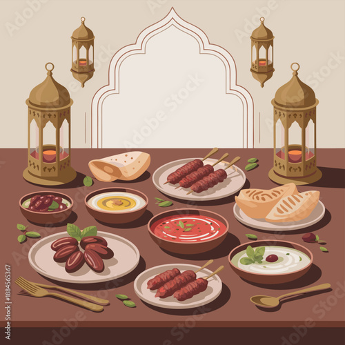 Traditional middle eastern iftar feast featuring delicious kebabs, dates, and festive lanterns