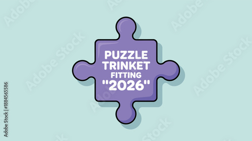 A purple puzzle piece with the text 'PUZZLE TRINKET FITTING 2026' on a light blue background