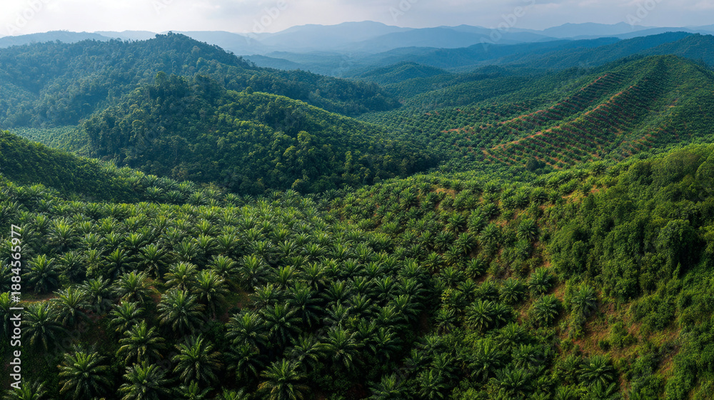 Fototapeta premium Vast Green Hills Covered in Palm Trees at Morning Light