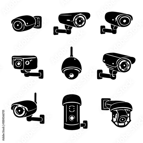 Security camera icon set in black silhouette: CCTV, dome, bullet and PTZ cameras, isolated on white. Concept of surveillance, monitoring, access control, safety, protection and privacy.