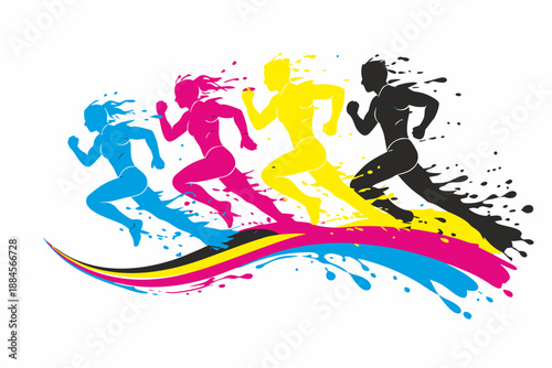 Four sprinting athlete silhouettes in CMYK with paint splashes and flowing speed ribbons. Concept of motion, fitness, race day, and competition; isolated vector on white space for posters.